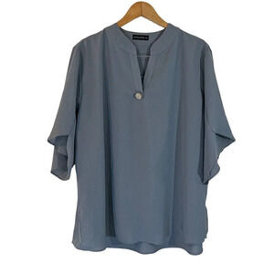 Funlingo Dusty Blue Blouse 2XL V Neck Lightweight Chunky Button Slit Sleeves Top